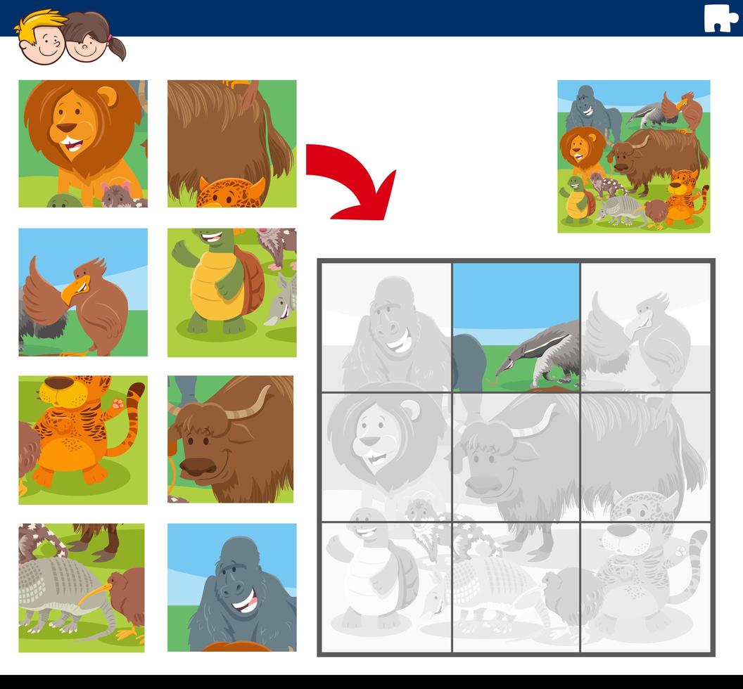 Jigsaw puzzle game with cartoon animal characters vector