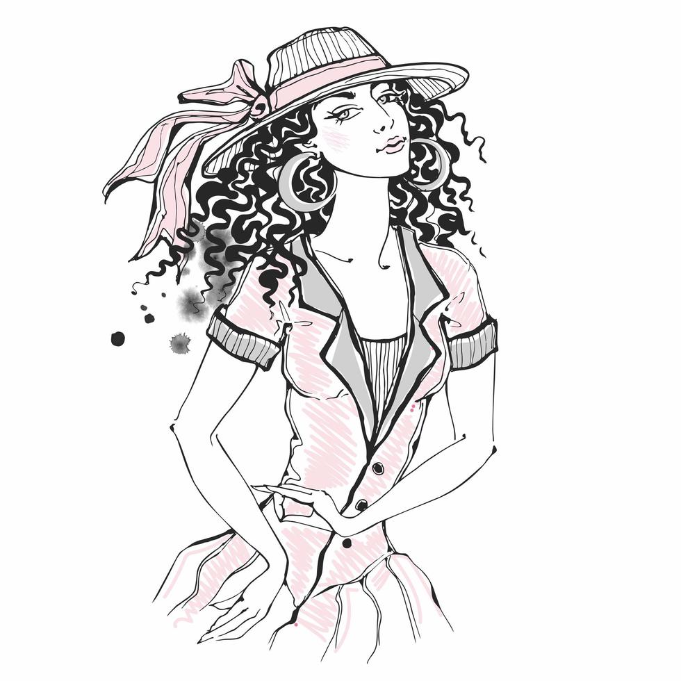 dibujo de una chica elegante con sombrero. vector