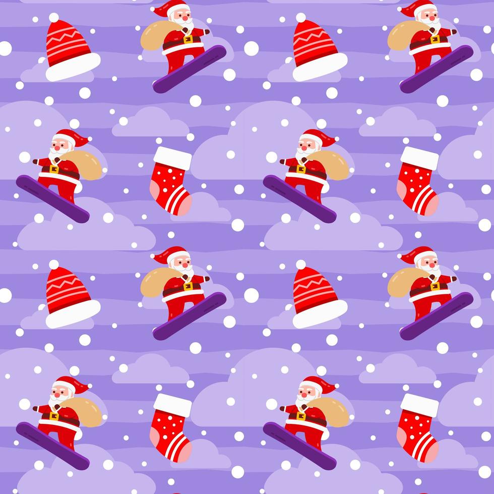 Christmas Cute Santa Claus Snow board Gift Box Violet Pattern vector