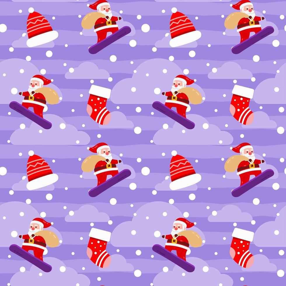 navidad lindo santa claus tabla de nieve caja de regalo violeta patrón vector