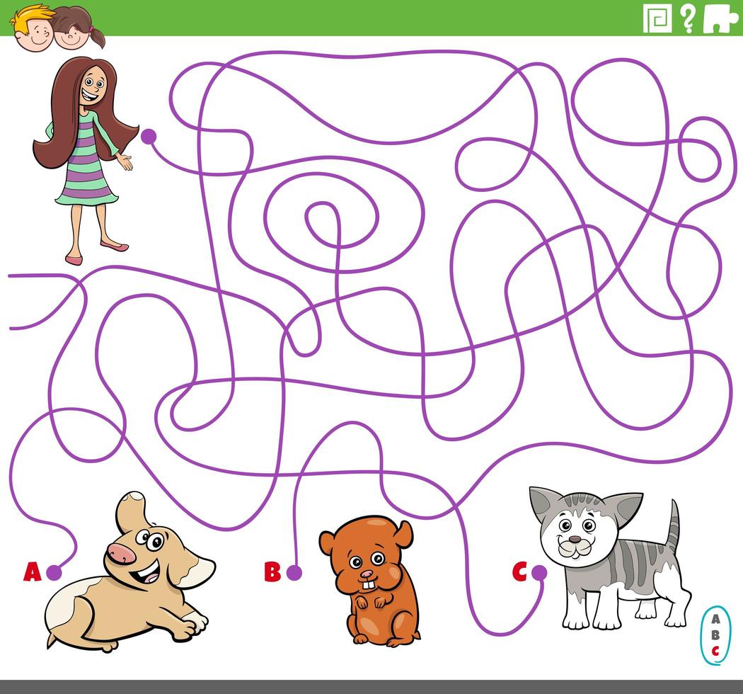 juego de laberinto con personajes de niñas y mascotas. vector