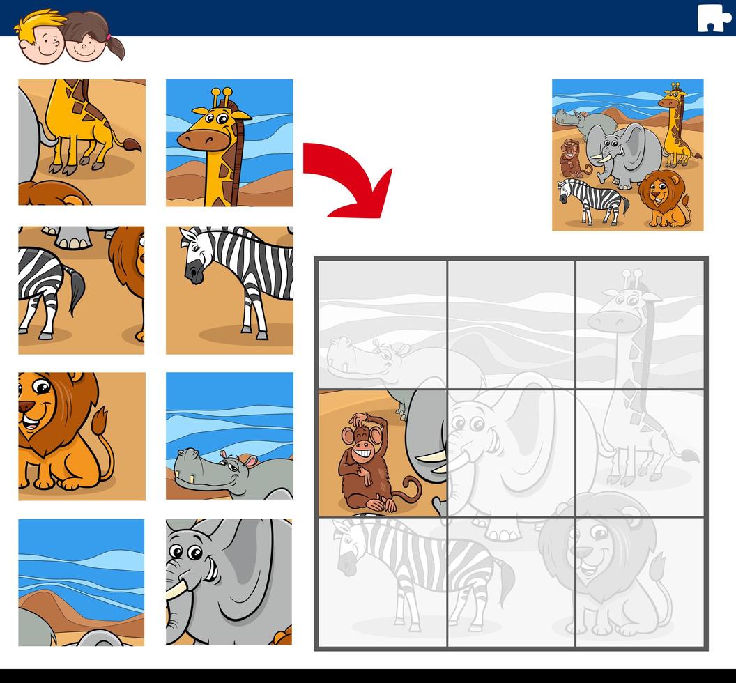 Jigsaw puzzle game with wild animal characters vector