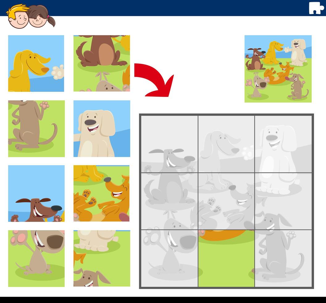 Jigsaw puzzle game with comic dog characters vector