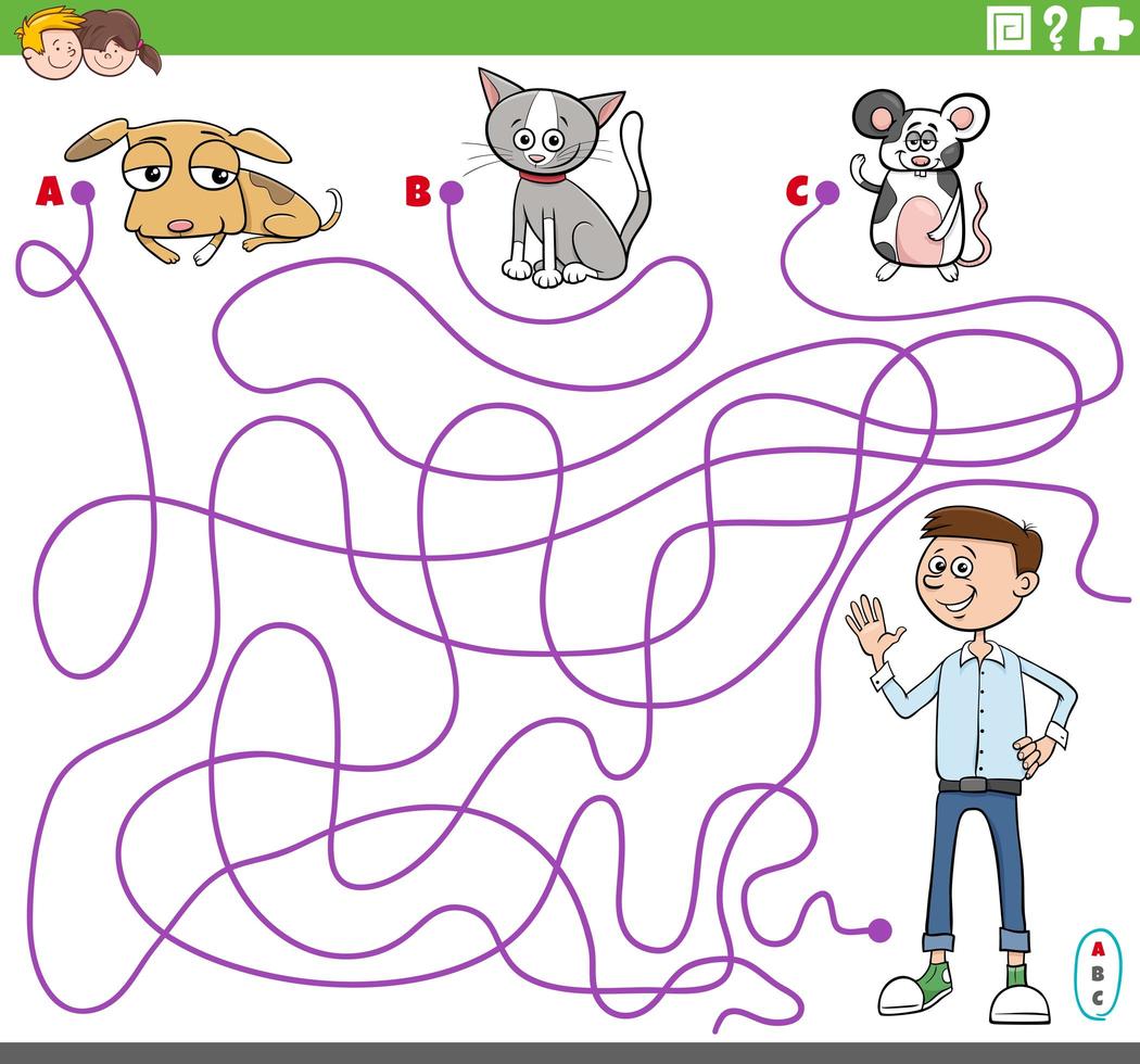 Maze game with boy and pet characters vector