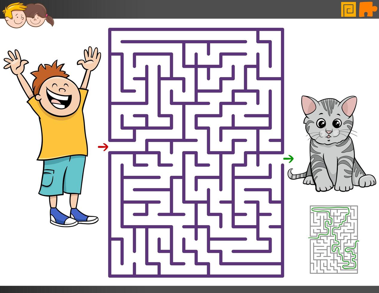 juego de laberinto con niño y gatito de dibujos animados vector