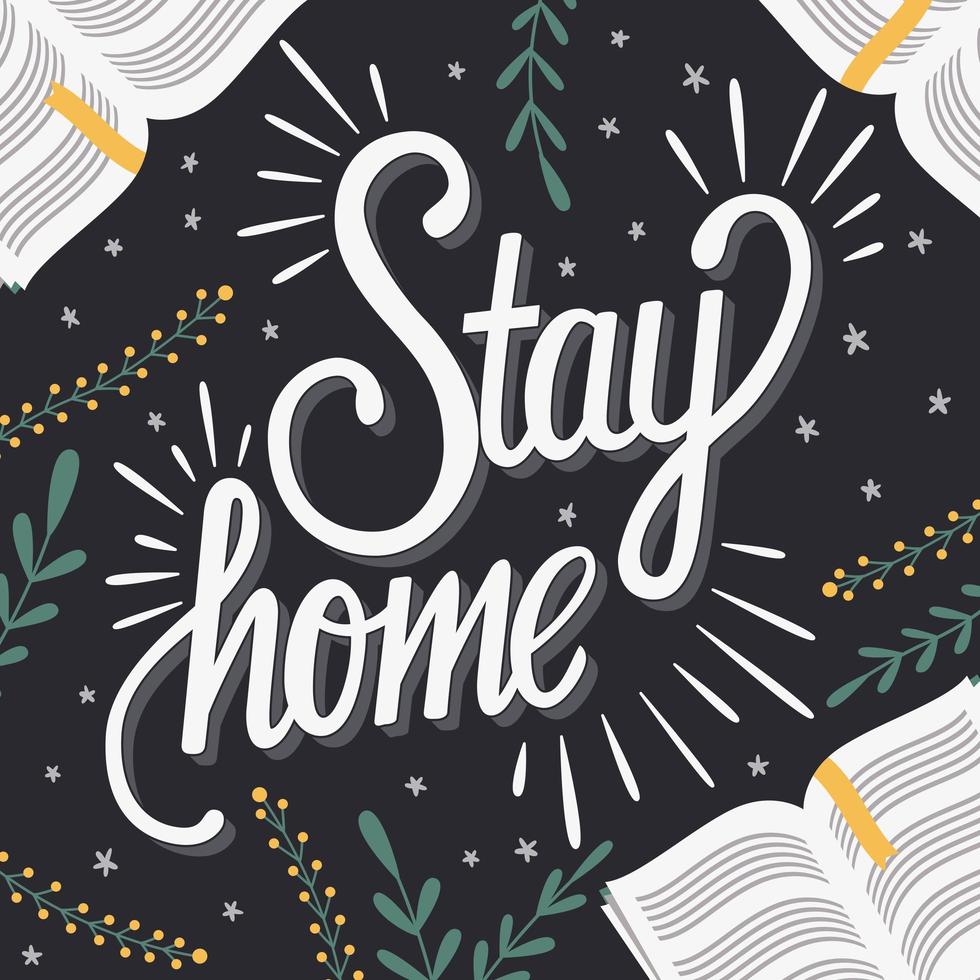 Stay home hand lettering with books vector