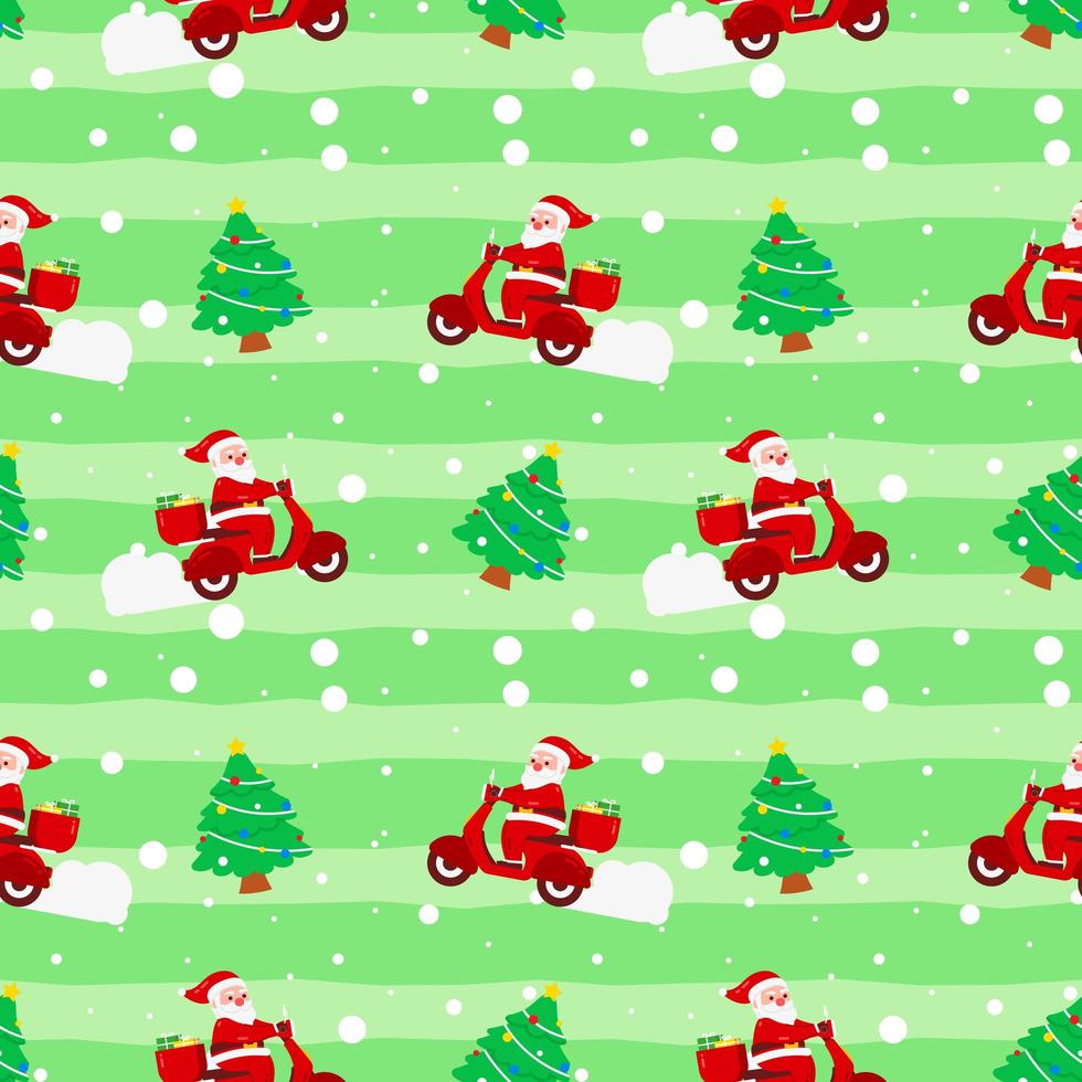 Christmas Cute Santa Claus Motorcycle Tree Gift Box Delivery Green Pattern For Wrapping Paper vector