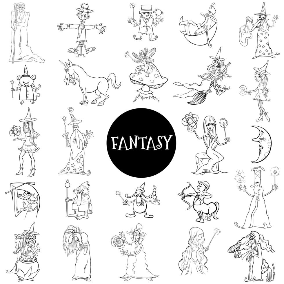 personajes de fantasía de dibujos animados gran página de libro de color vector