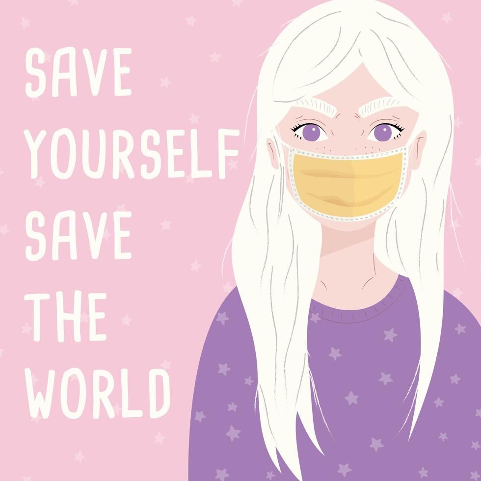 Young girl wearing a surgical mask. vector