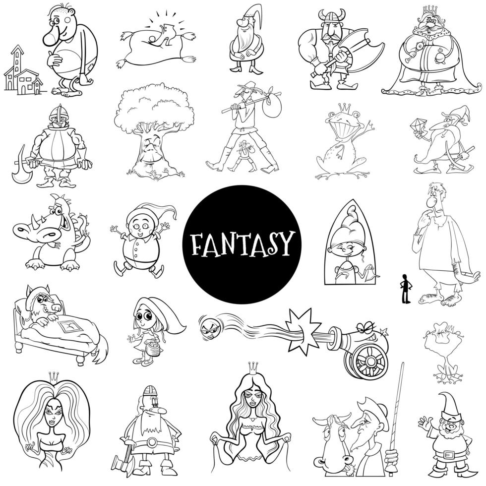 Cartoon fantasy characters large set color book page vector