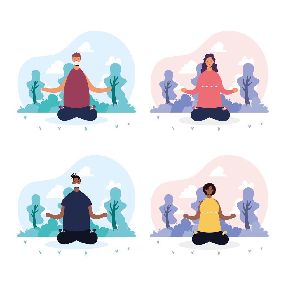 People doing yoga in the park vector