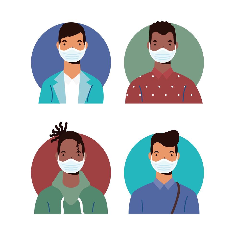 Diverse male characters wearing face masks vector