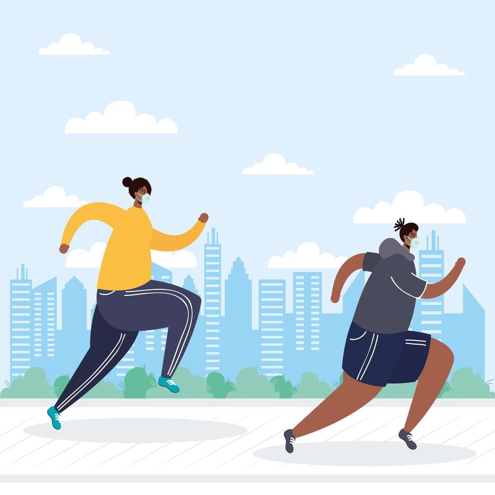 People with face masks running outdoors vector