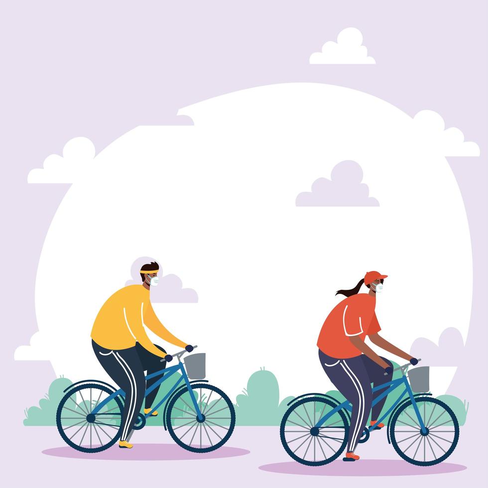 People with face masks riding bikes outdoors vector