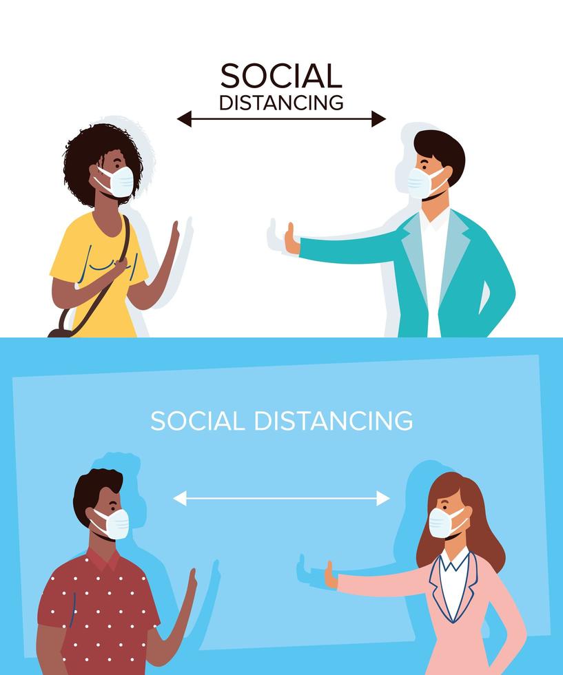 personas distanciamiento social con mascarillas vector