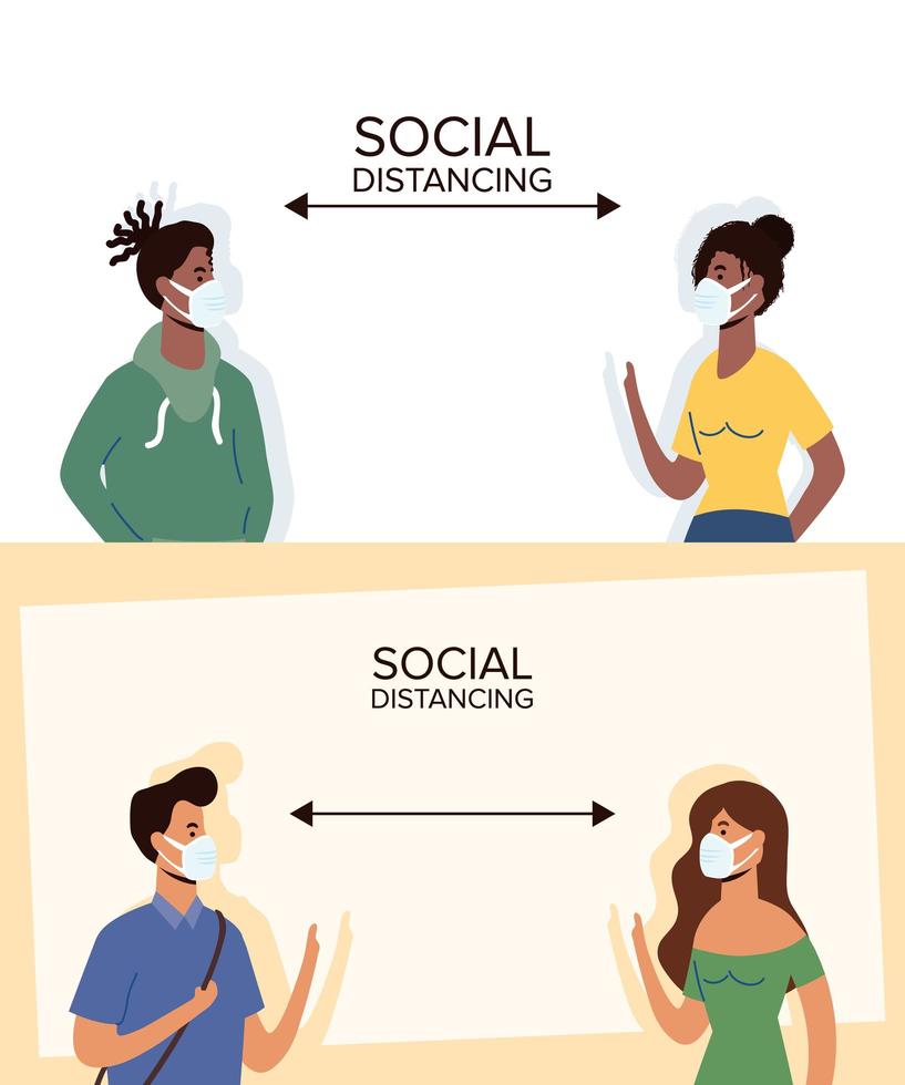 People social distancing with face masks vector