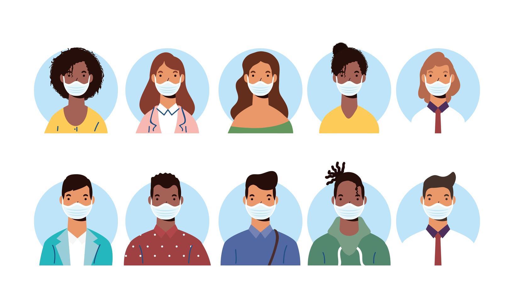 diversidad de personajes de personas con máscaras faciales vector