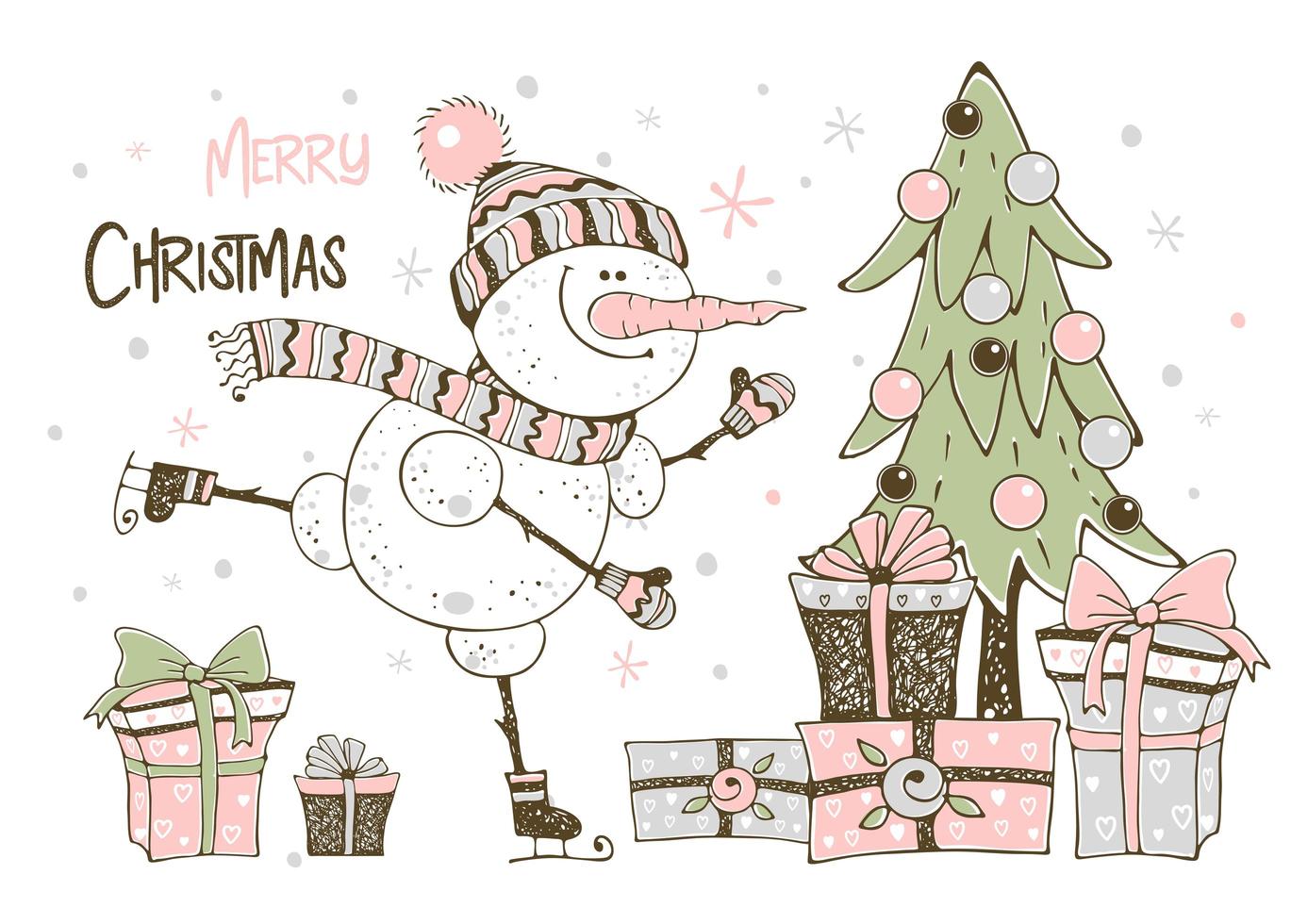 Christmas card with snowman Christmas tree and gifts vector