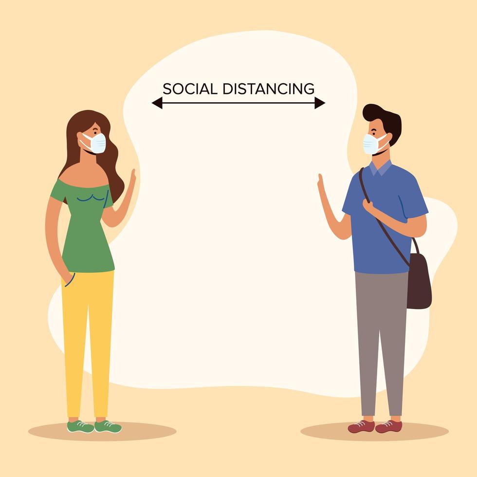 People social distancing with face masks vector