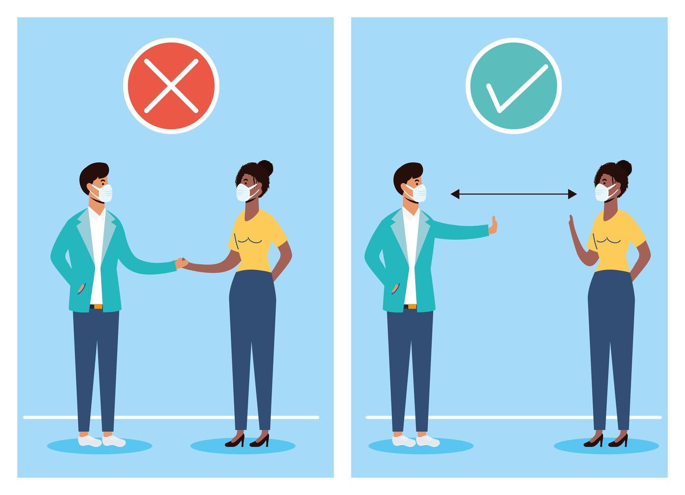 People social distancing with face masks vector