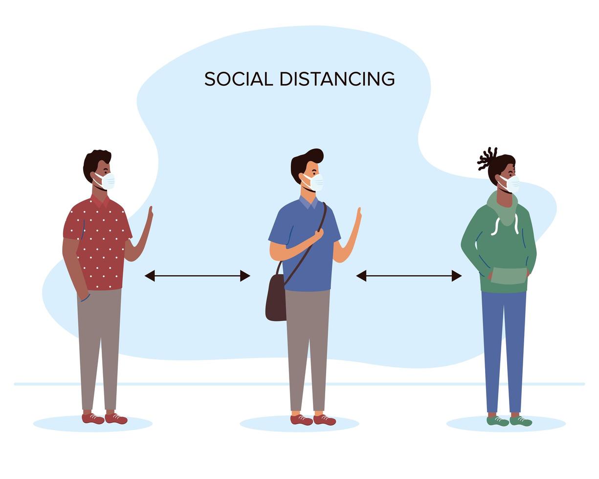 Diverse people social distancing with face masks vector