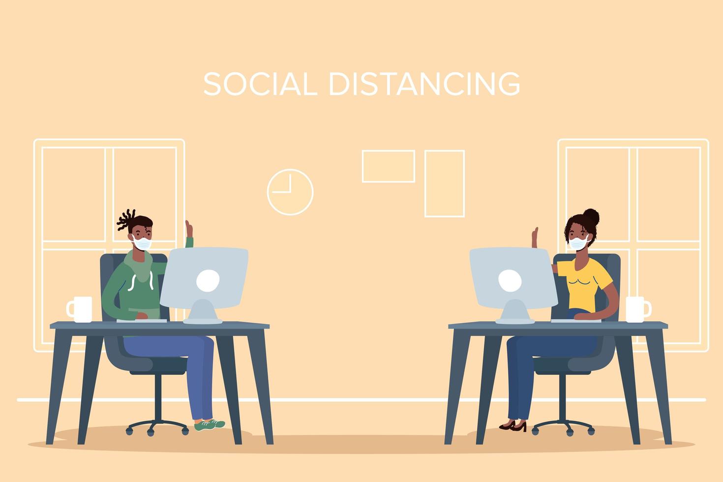 People with face masks social distancing at work vector