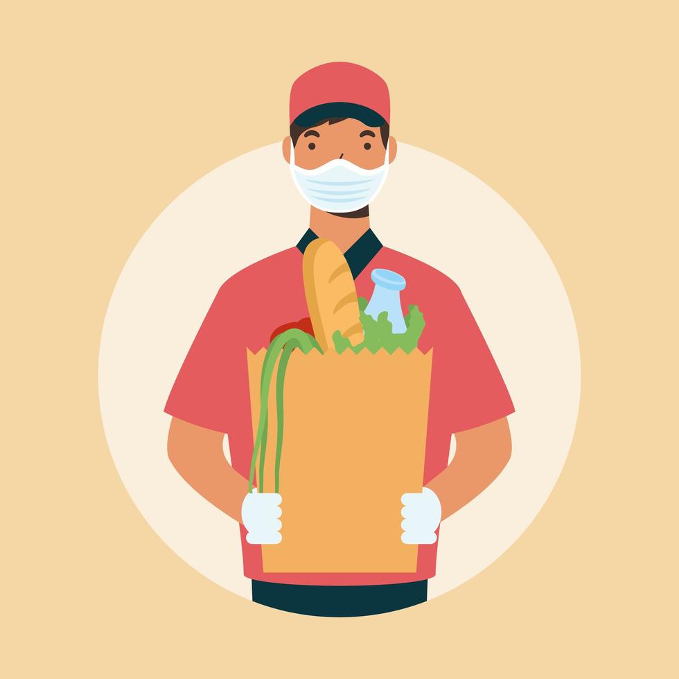 Safe food delivery with male worker vector