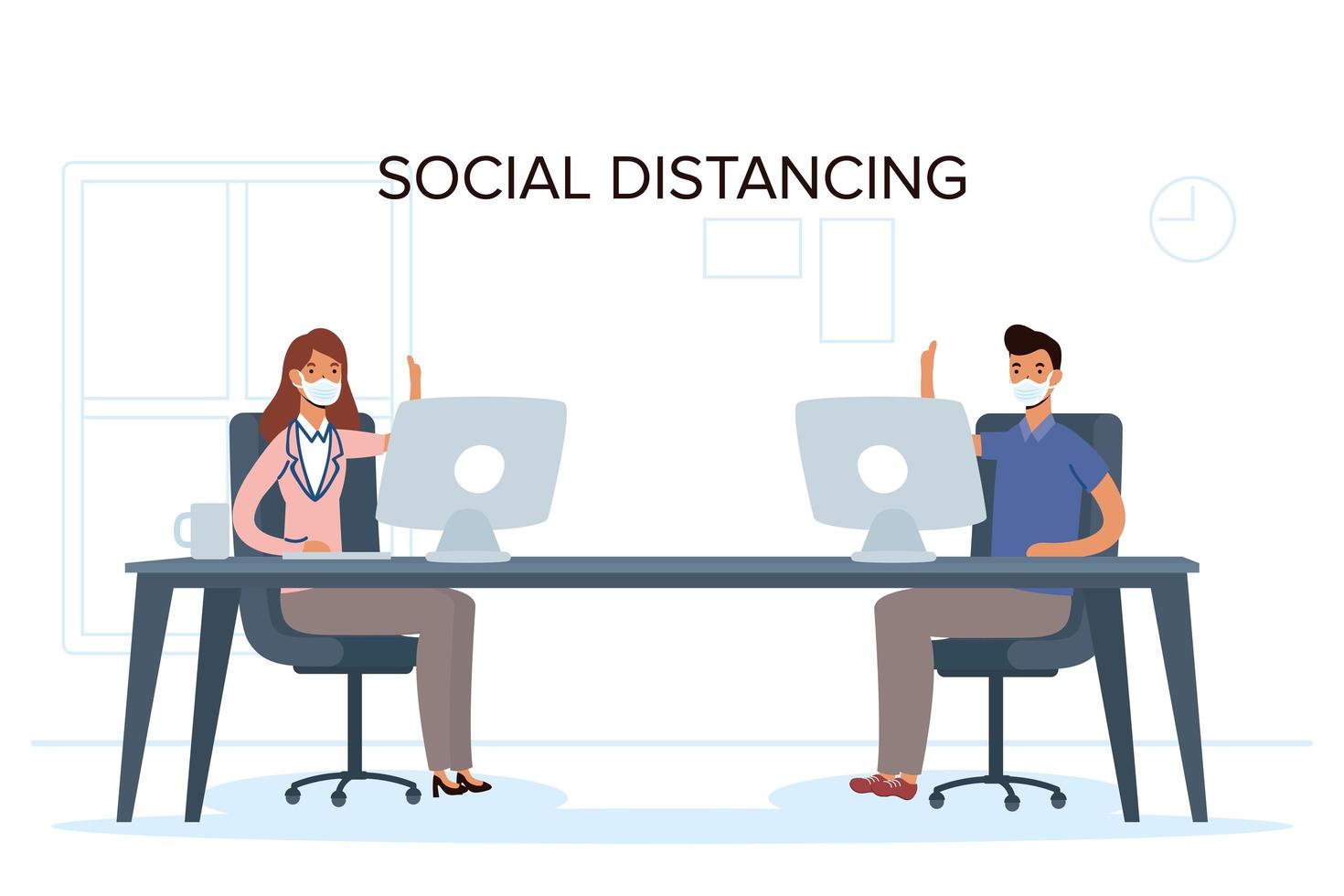 People with face masks social distancing at work vector