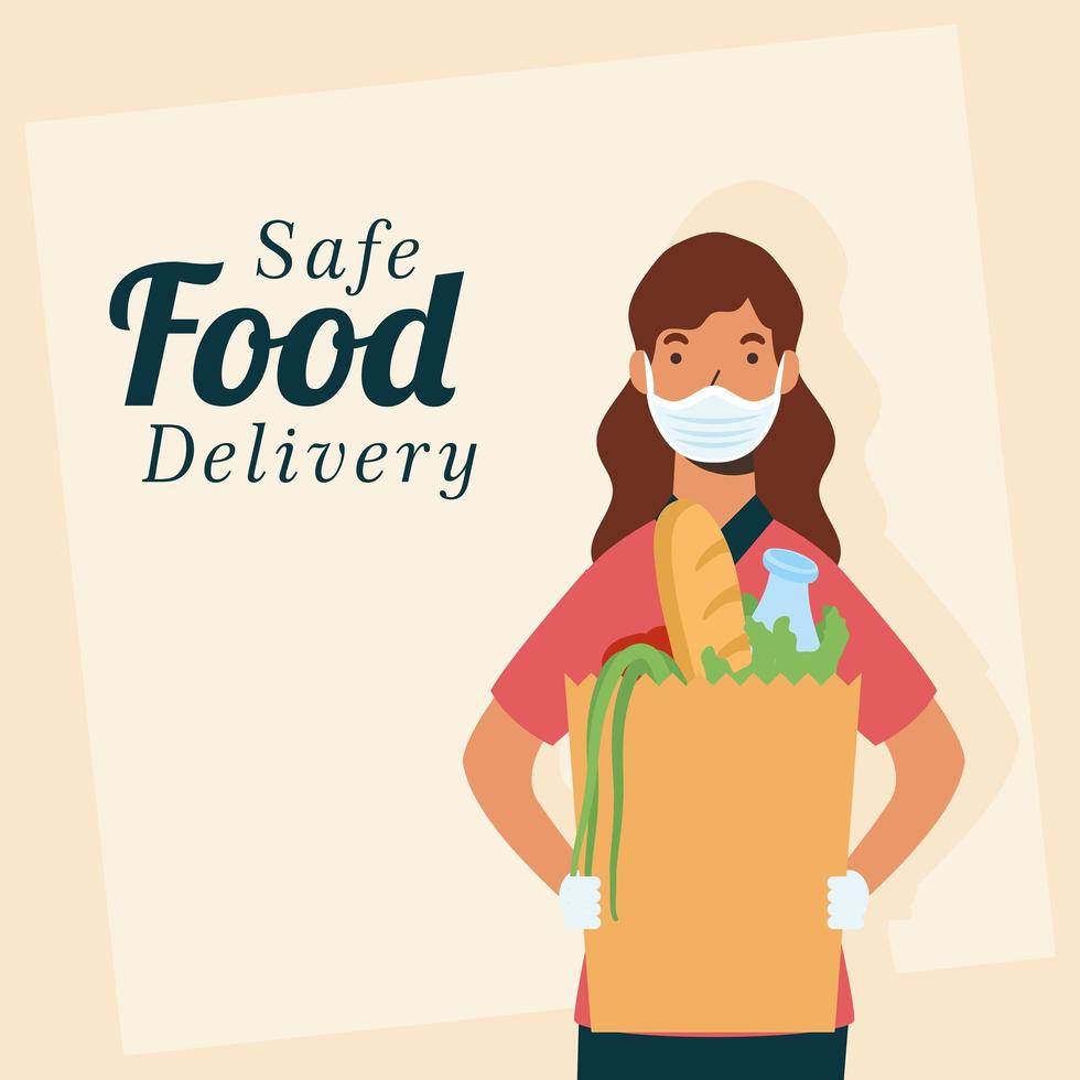 Safe food online delivery with female worker vector