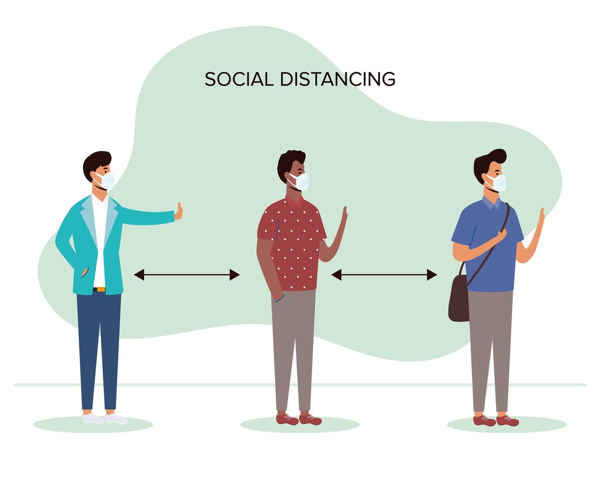 Diverse people social distancing with face masks vector
