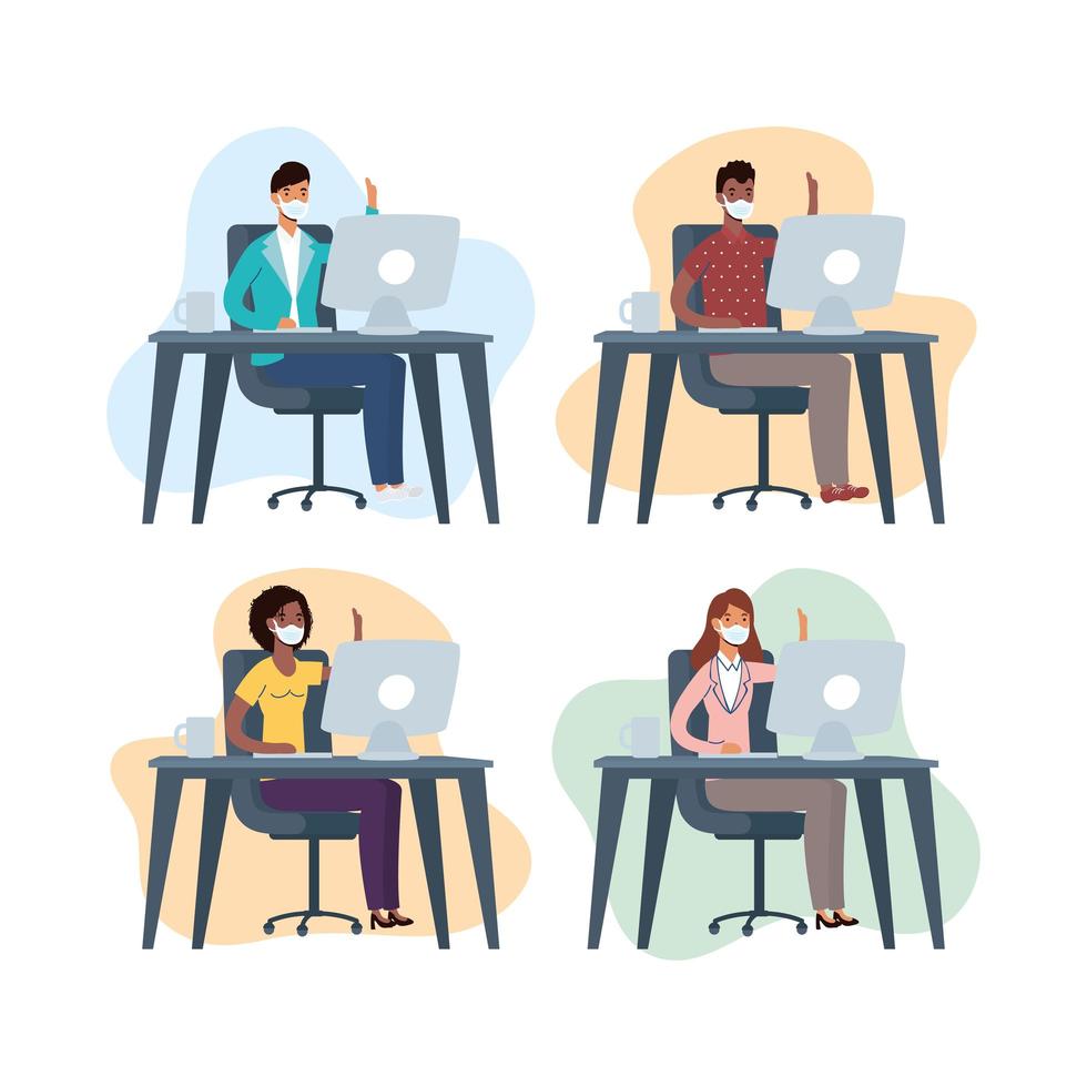 People working on the computer with face masks vector