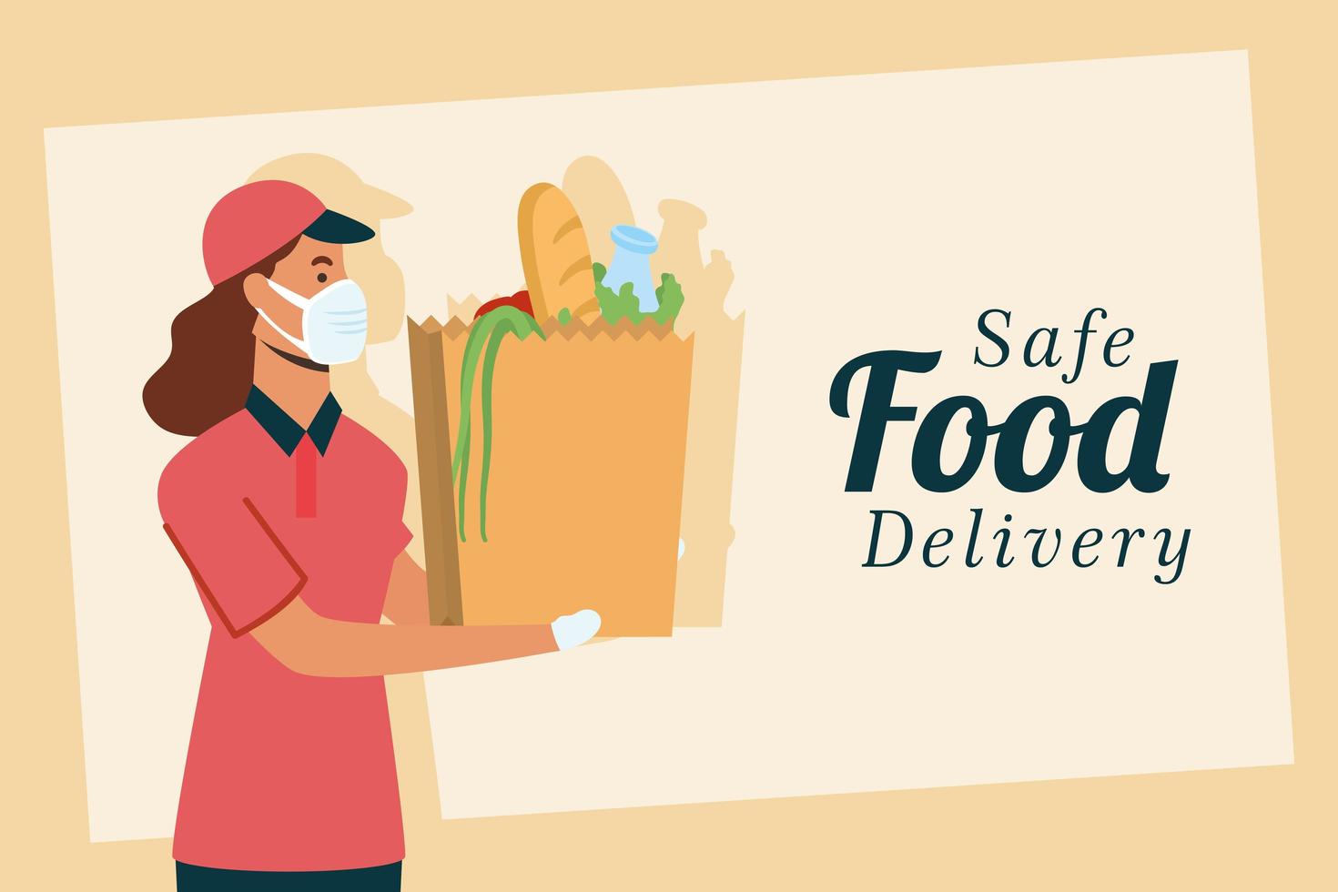 Safe food online delivery with female worker vector