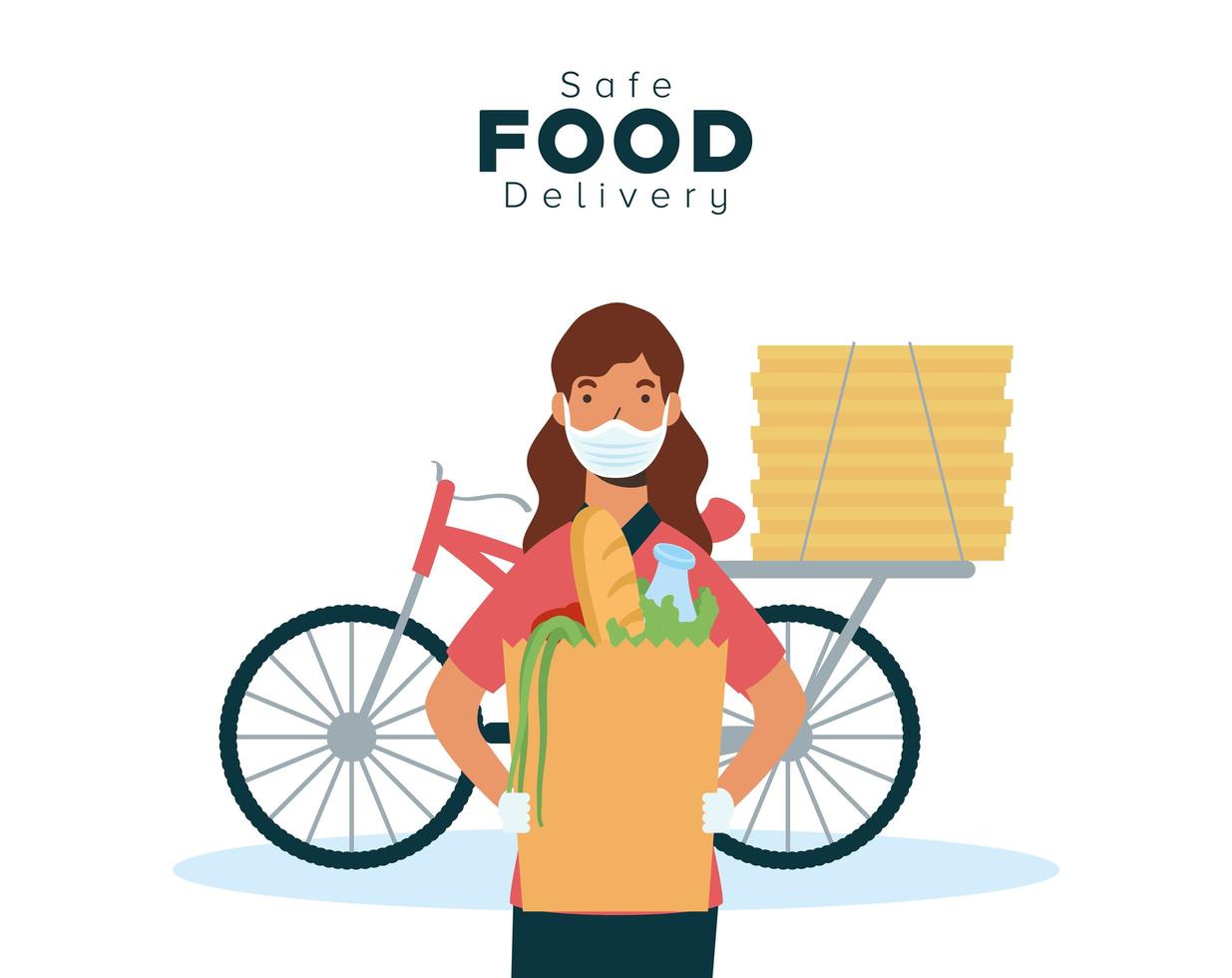 concepto de entrega segura de alimentos con mensajería en bicicleta vector