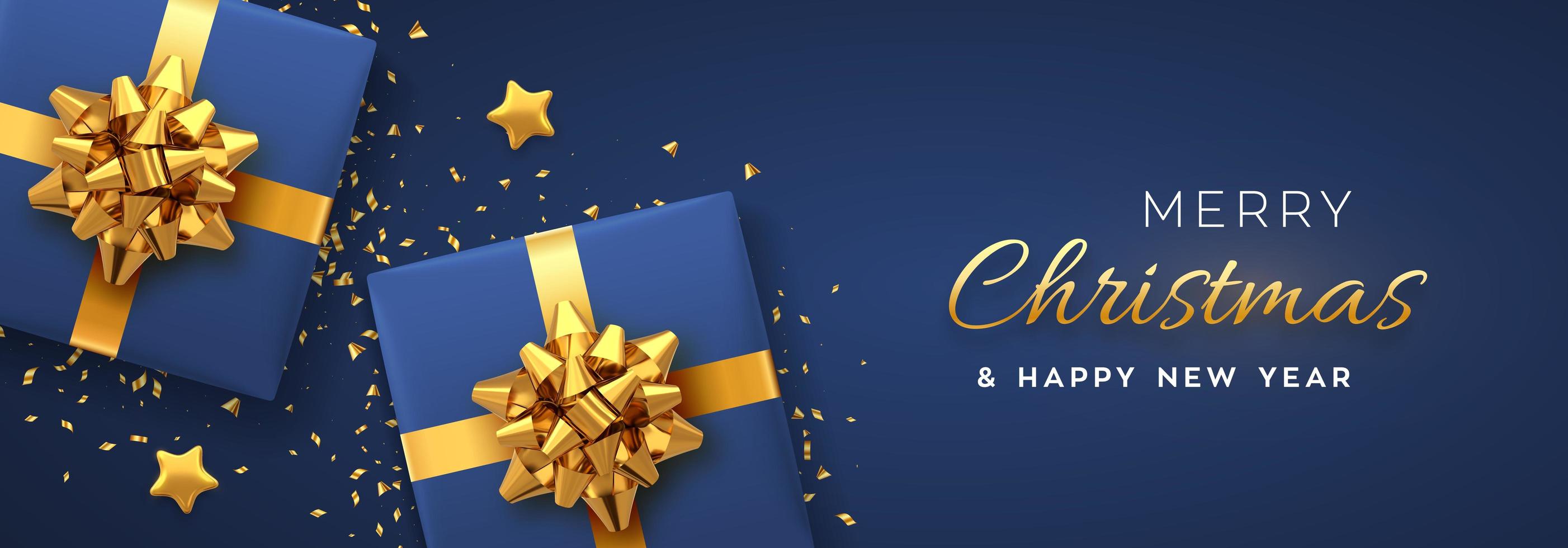 banner de navidad. cajas de regalo azules realistas con lazos dorados vector