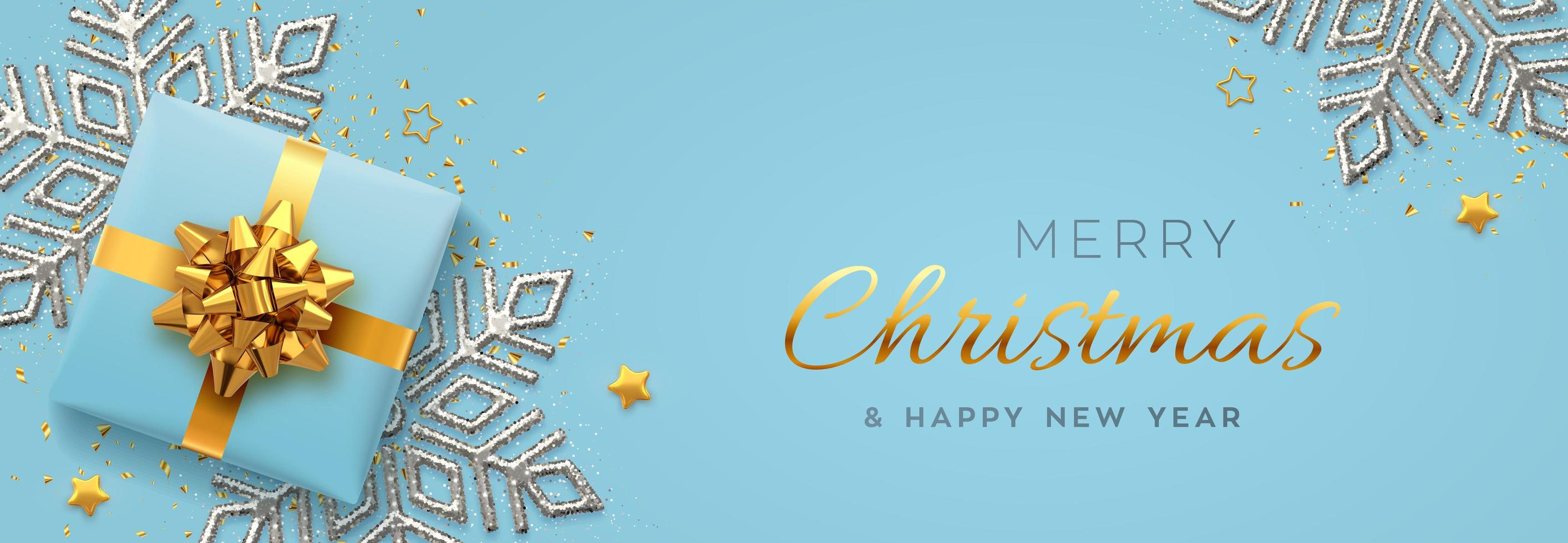 Christmas banner. Blue gift box with golden bow vector