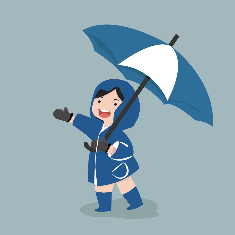 Small Girl Holds Umbrella in Rainy Season vector