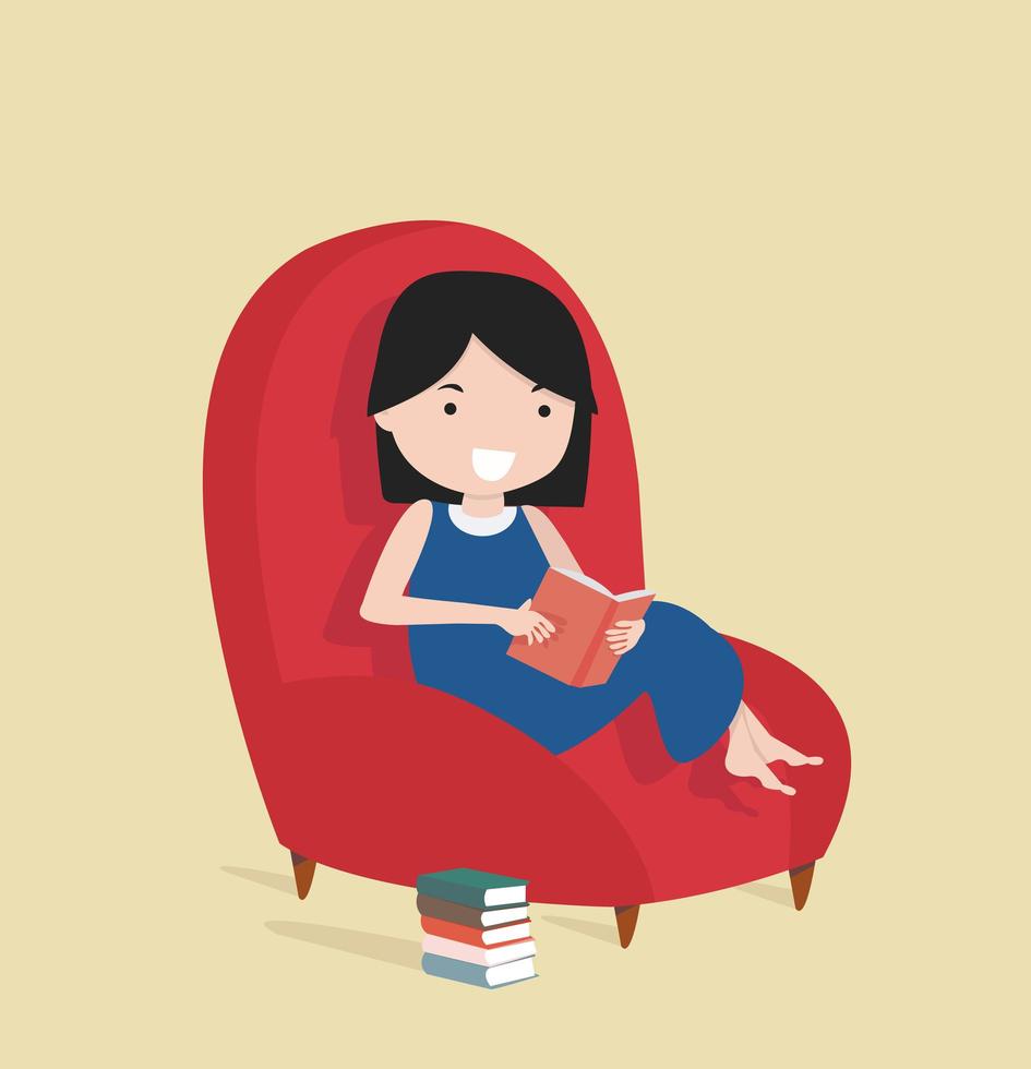 niña leyendo el libro sentado en el sofá vector