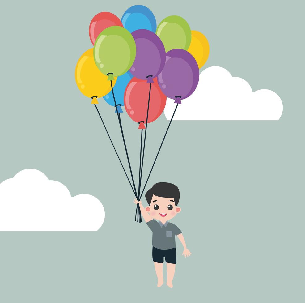 niño pequeño con ramo de globos vector