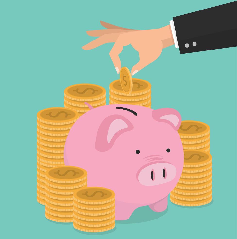 Hand putting coin in piggy bank vector