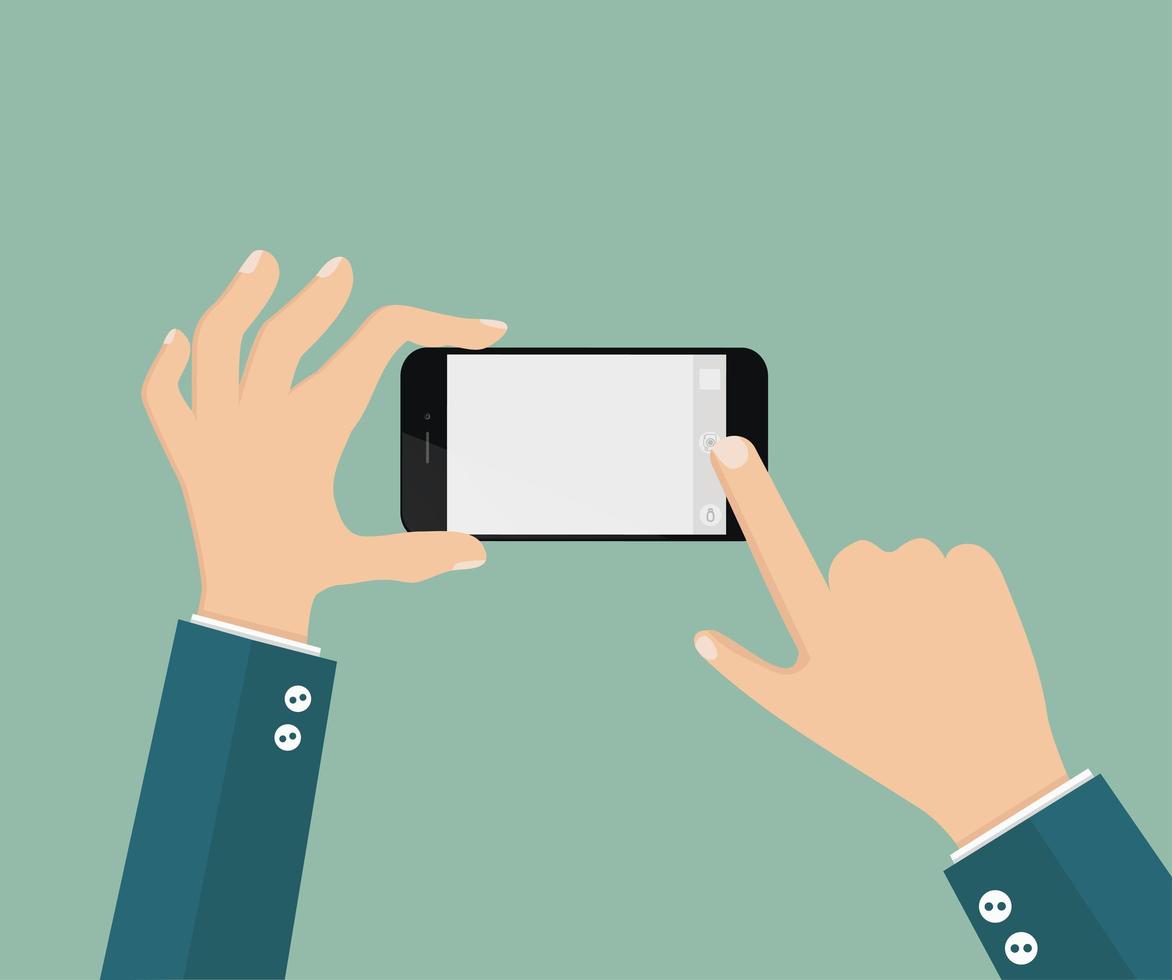 Hand Holds Phone and Touches Photo Button vector