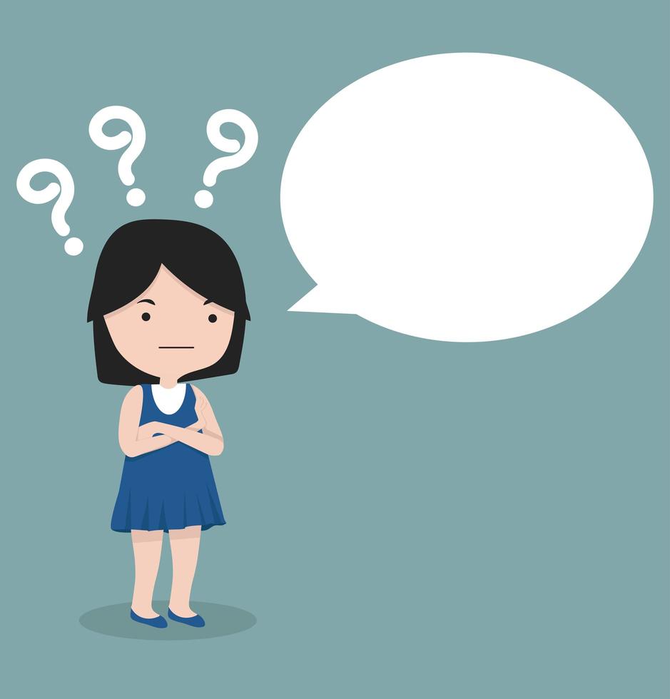 Girl thinking with question marks and speech bubble vector