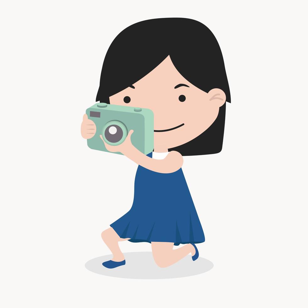 Smiling little girl take a photograph with digital camera vector