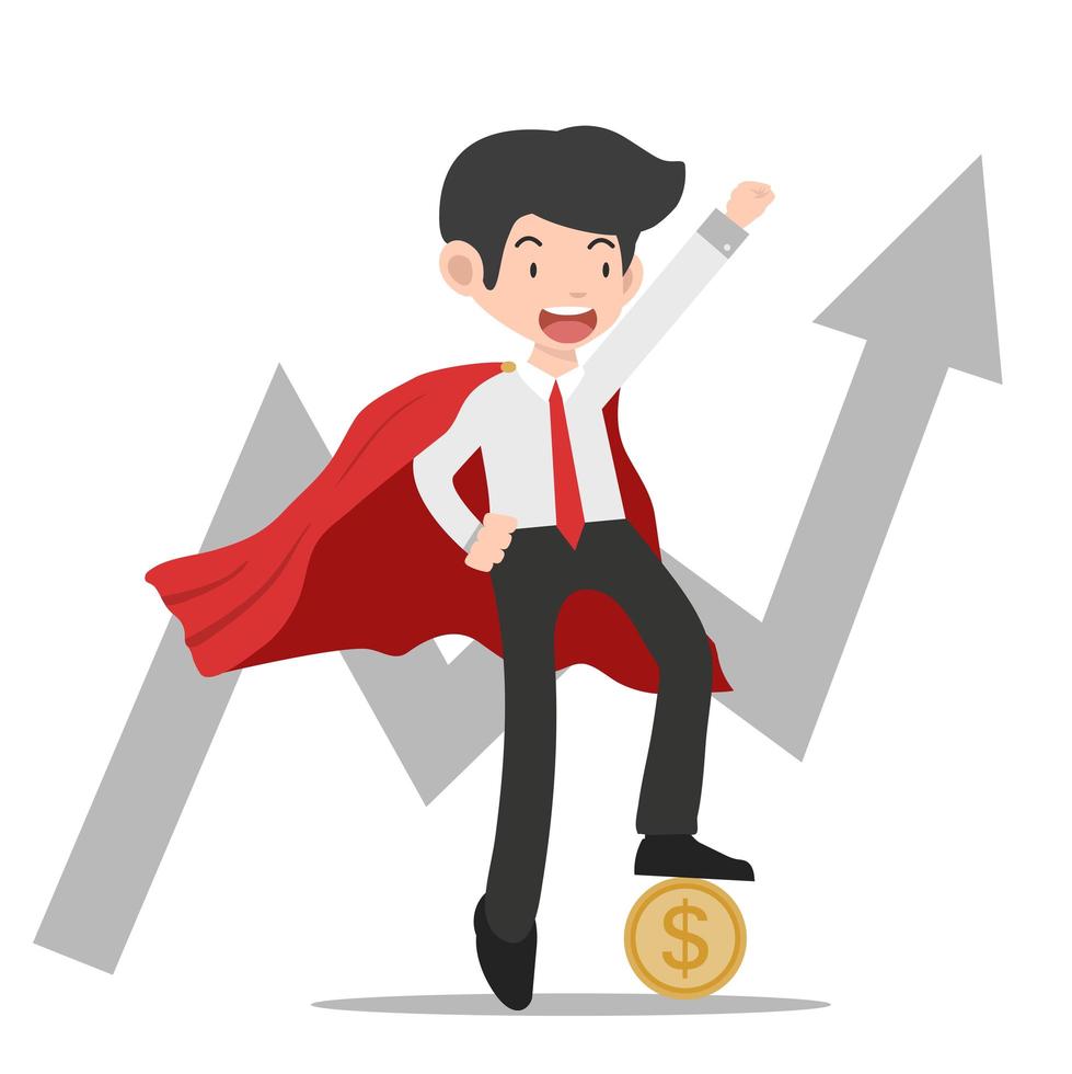 Super Businessman Standing With Coin and Growth Charts vector