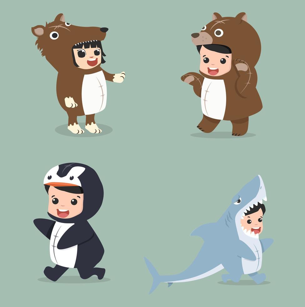 Set of cartoon little kid in Animals costumes vector