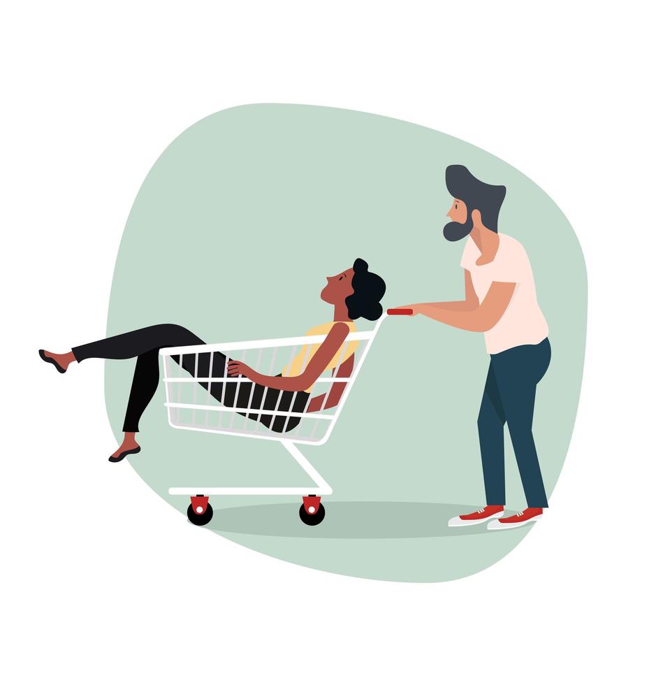 Man With Woman Sitting in Shopping Cart vector