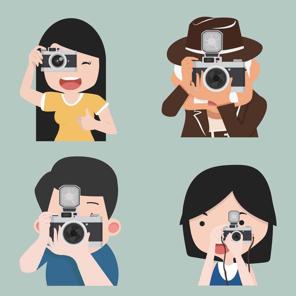 Fotógrafo tomando fotos en diferentes poses. vector