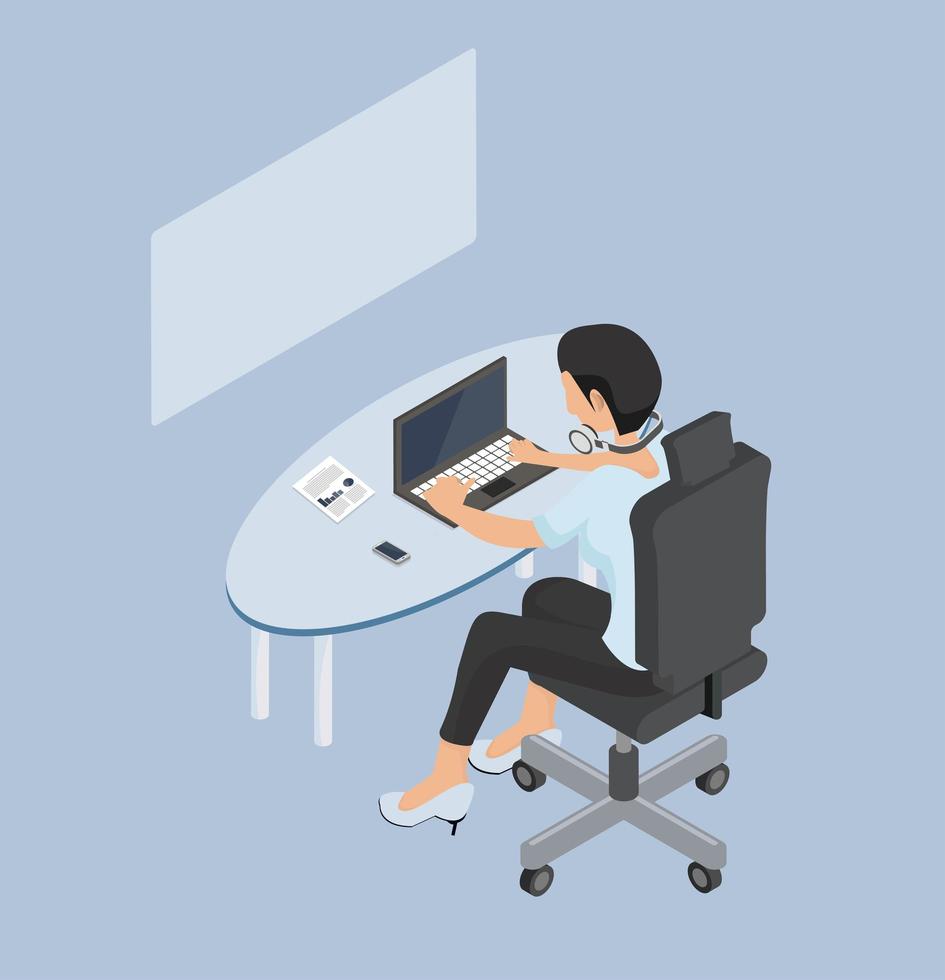 Isometric woman working at a laptop vector
