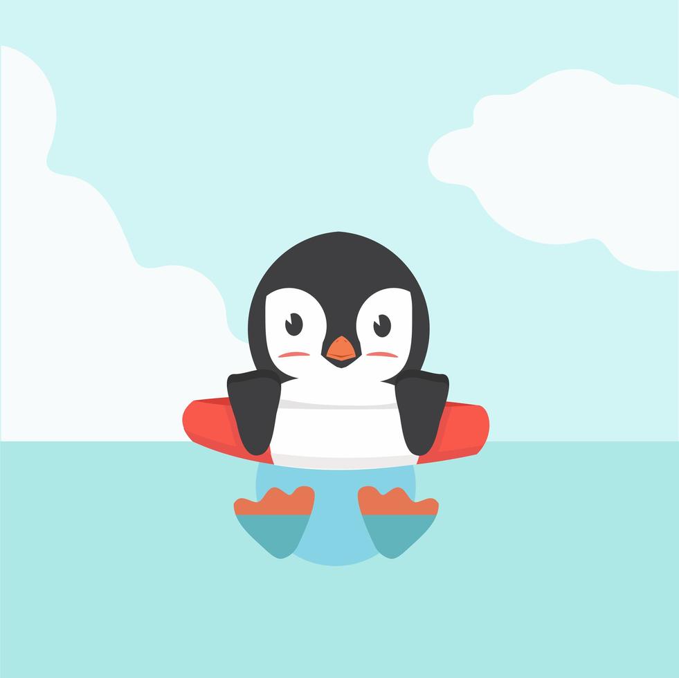 lindo pingüino nadando anillo inflable de dibujos animados vector