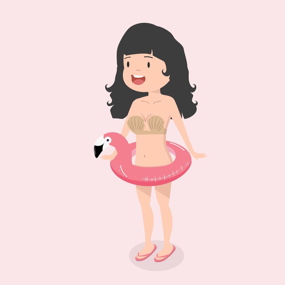 Little Girl in Swimsuit With Flamingo Swimming Ring vector