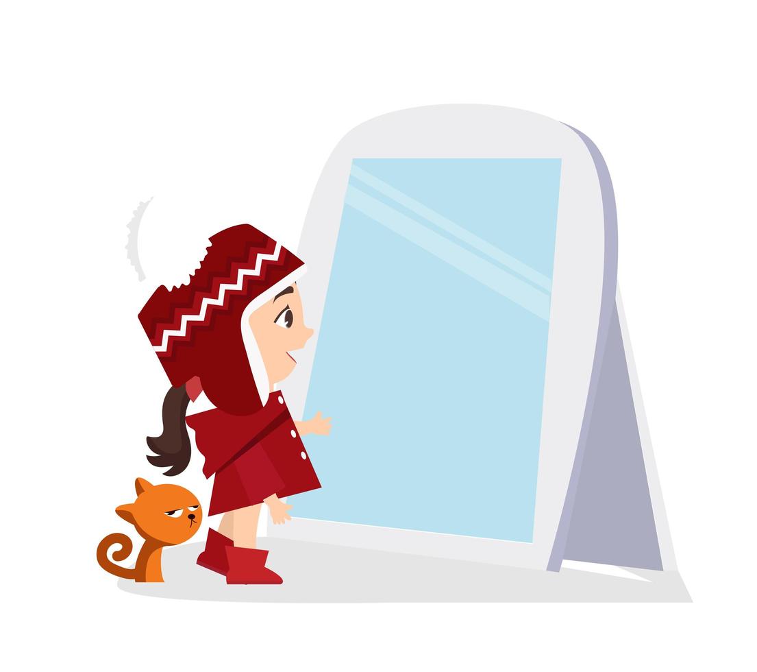 Small Girl and Cat Standing By Mirror vector